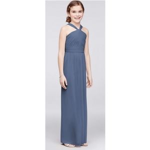 David's Bridal Y-neck Steel Blue junior bridesmaid